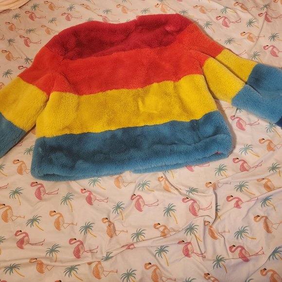New York & Company Rainbow Striped Colorful Fluffy Faux Fur Coat - Picture 3 of 7
